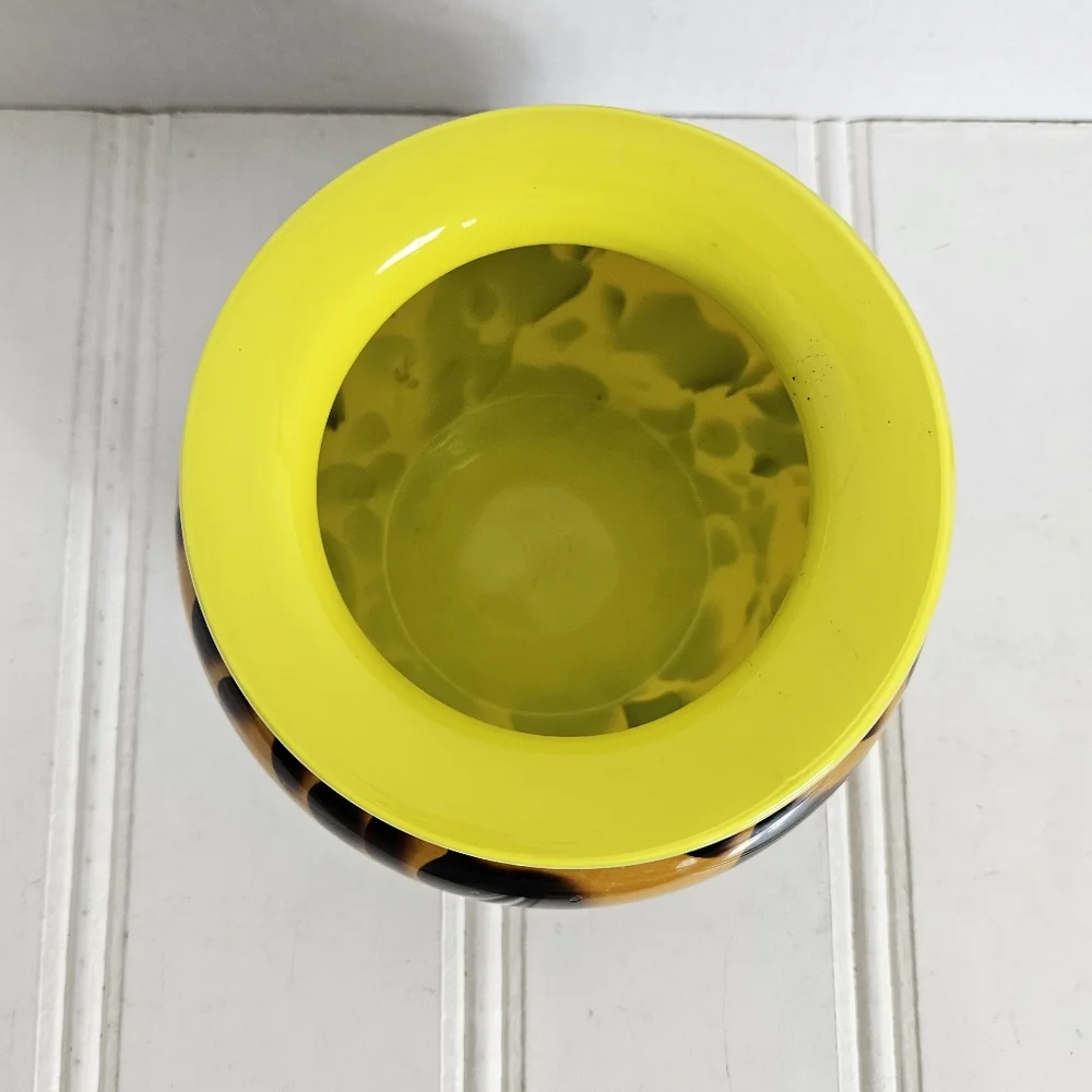 Hand Blown Art Glass Amber Leopard Tortoise Shell Vase Yellow Interior Decor - Picture 6 of 12